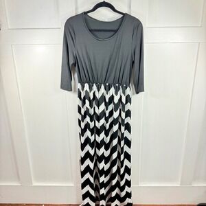 ANGVNS Womens Chevron Print Maxi Dress Charcoal Grey Black White Long Sleeve NEW